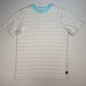 Roark T Shirt Men's S Off-White Blue 100% Cotton Stripe Pocket Logo‎